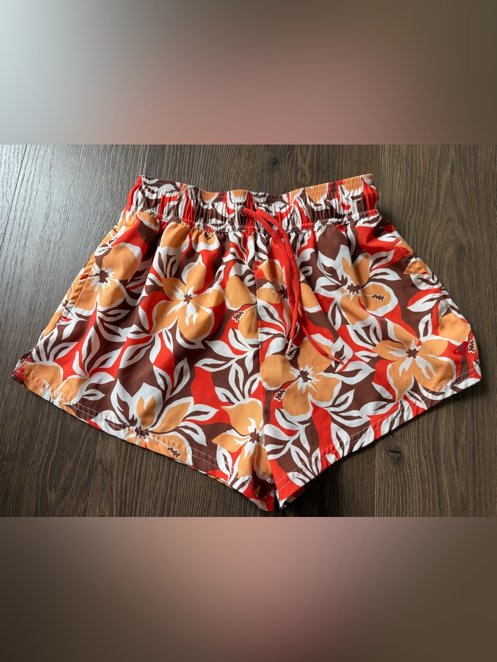 Roxy Women's Floral Tropical Board Shorts Orange Brown Drawstring Mesh Lined S